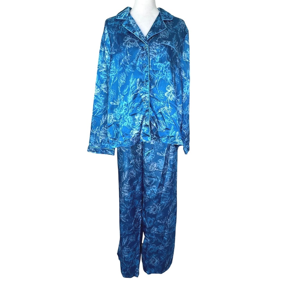 JONES NEW YORK Womens XL Blue Floral Satin Long Sleeve Top Pants PJs Pajama Set